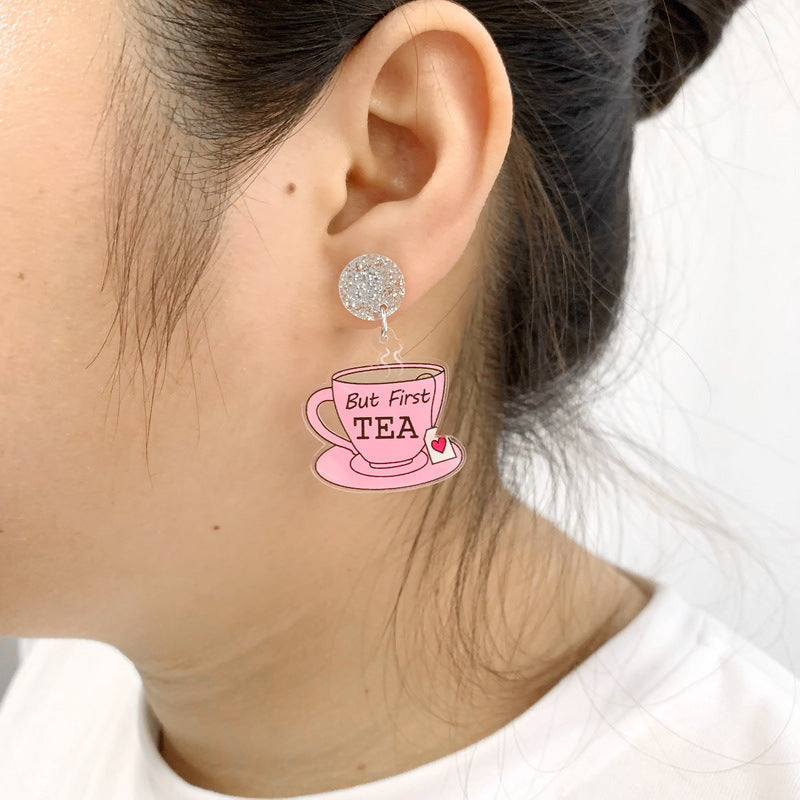 Acrylic Pink Tea Cup Earrings MYA-XueP099