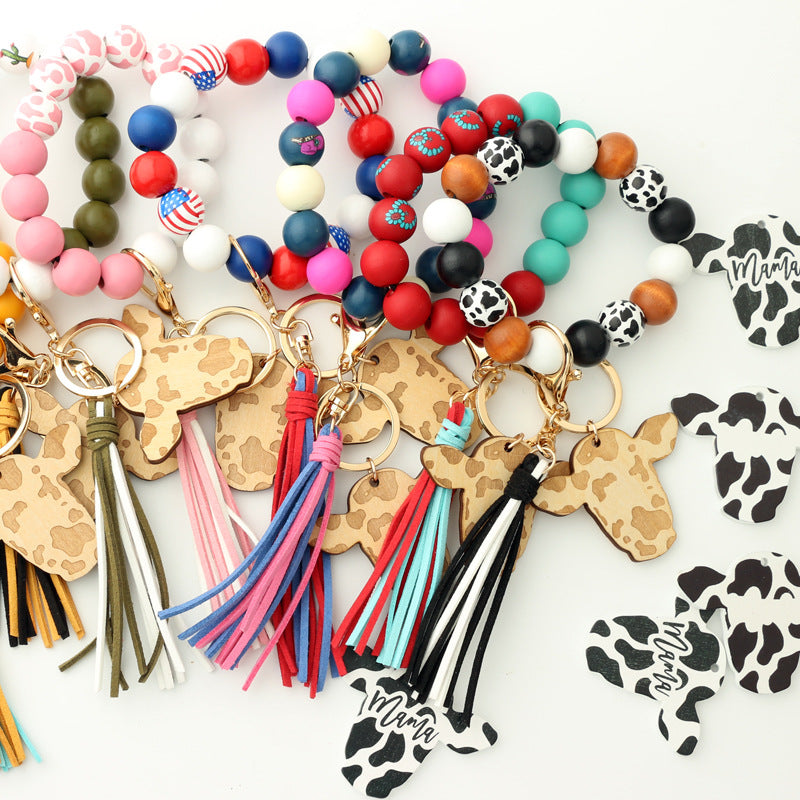 Keychains Wooden Beads Leather DIY Tassels Cowboy Western Wrists MIC-NuoYi007