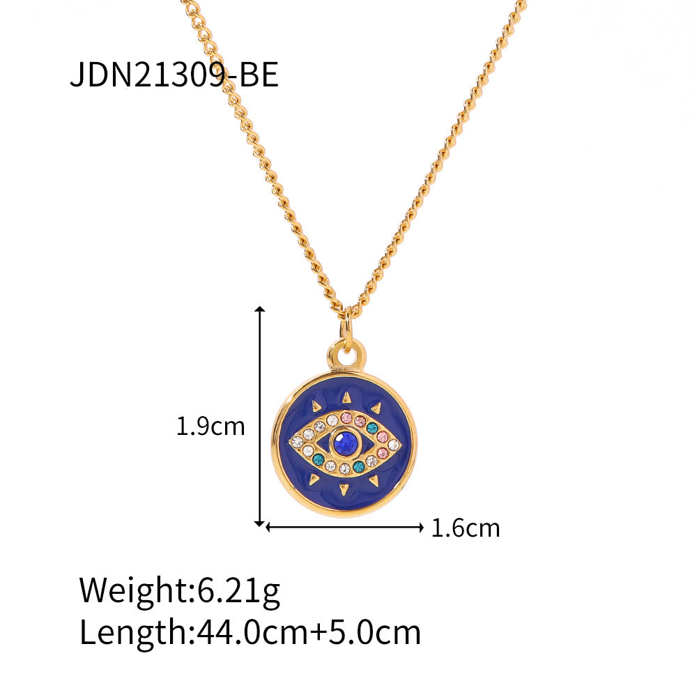 Stainless Steel Gold Plated Chain Devil Eye Round Pendant Necklace