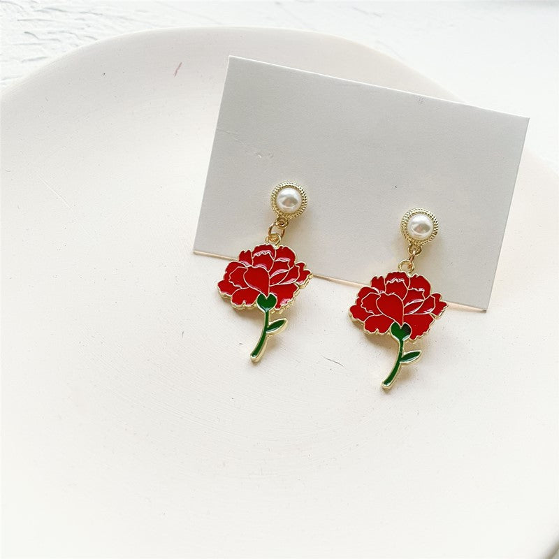 s925 silver needle retro rose carnation pearl ear needle Wenhuam001