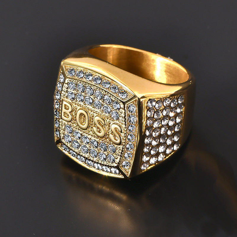 Stainless steel gold-plated rhinestone block ring MYA-YHZX010