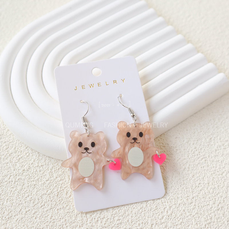 Acrylic Cute Bear Peach Heart Earrings MIC-OuG094