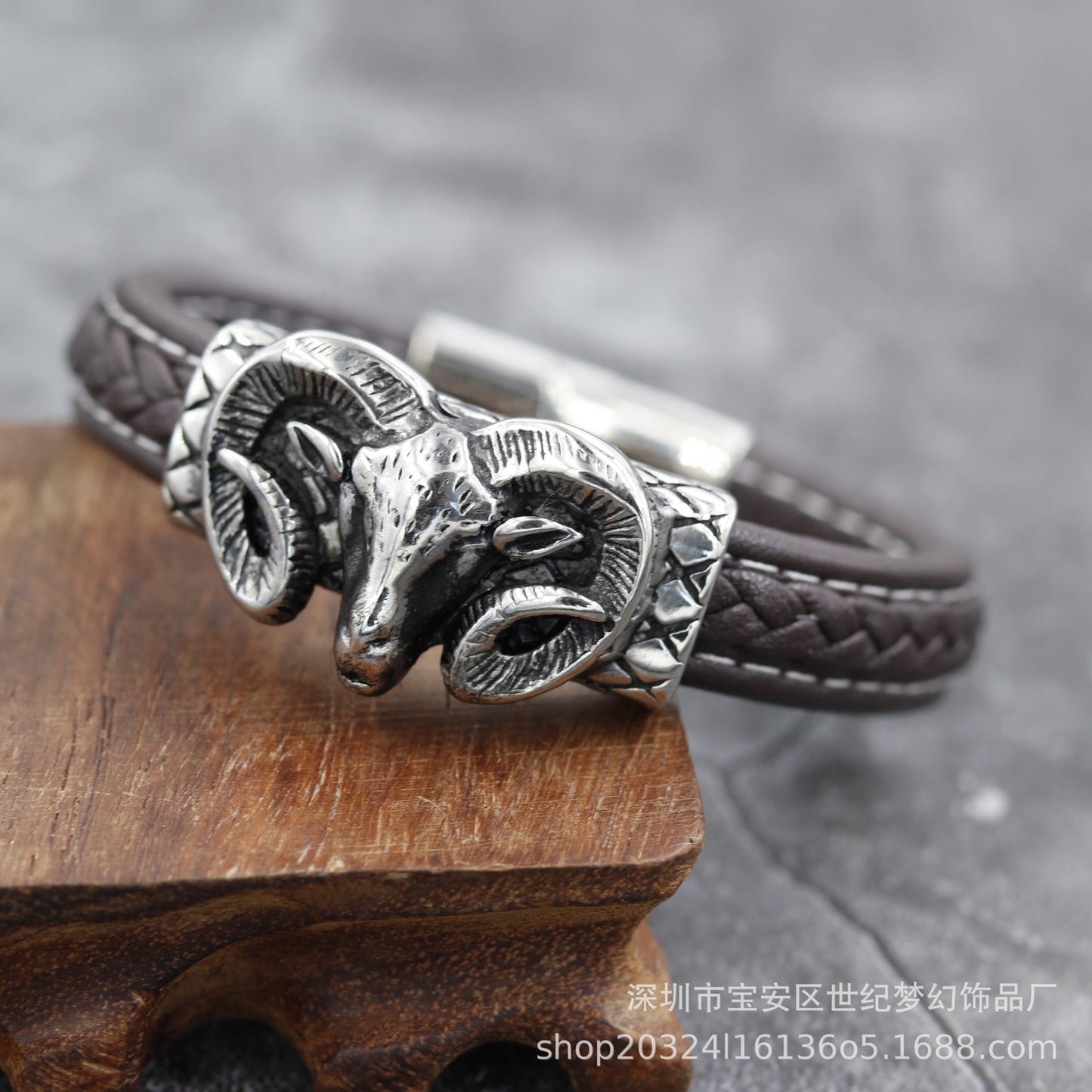 Bracelet Stainless Steel Antelope Head Braided Leather Cord SJMH006