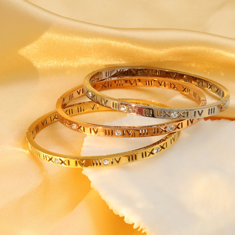 Stainless steel gold-plated diamond studded Roman numeral bracelet MYA-XuanJ019