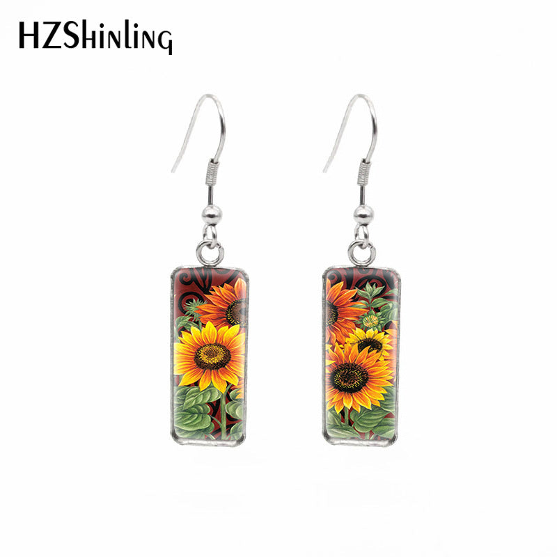 Earrings Stainless Steel Square Sunflower MQO≥2 xiangl007