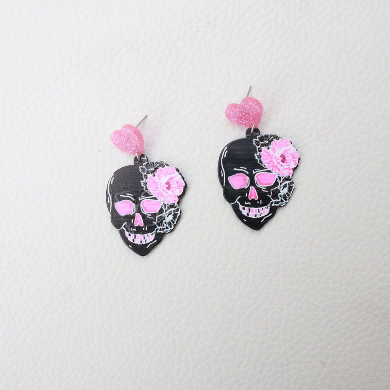 acrylic pink skull earrings carved graffiti heart Minimo de compra 2 MOSHU009