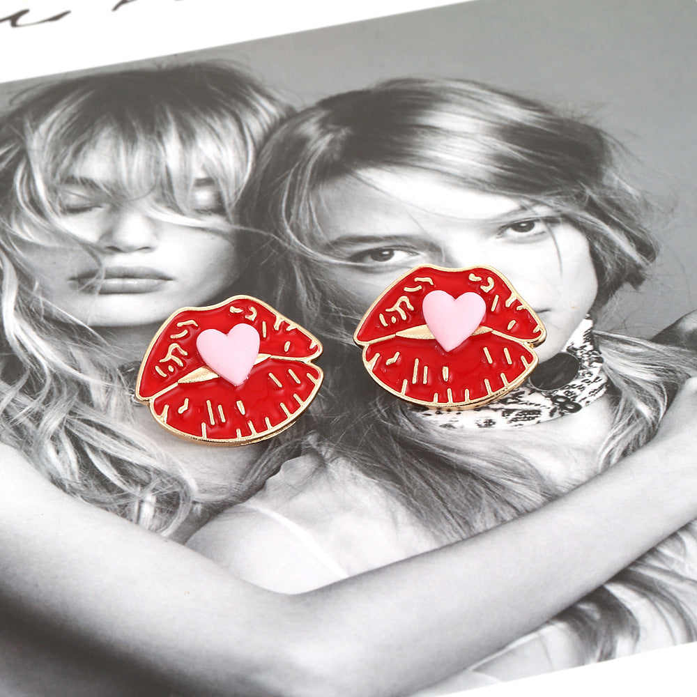 Alloy Heart Red Lip Earrings MIC-ManY023