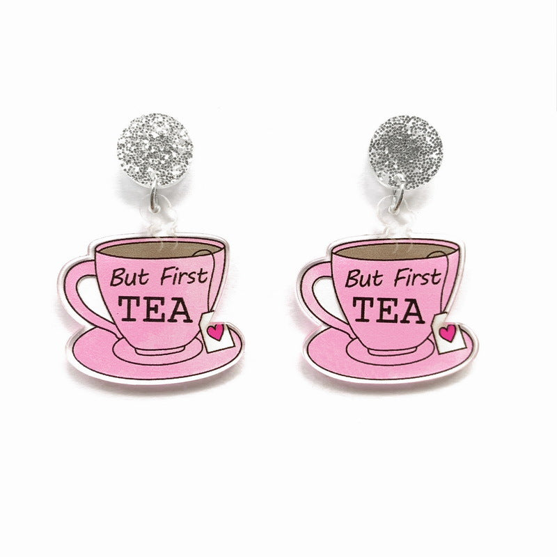 Acrylic Pink Tea Cup Earrings MYA-XueP099