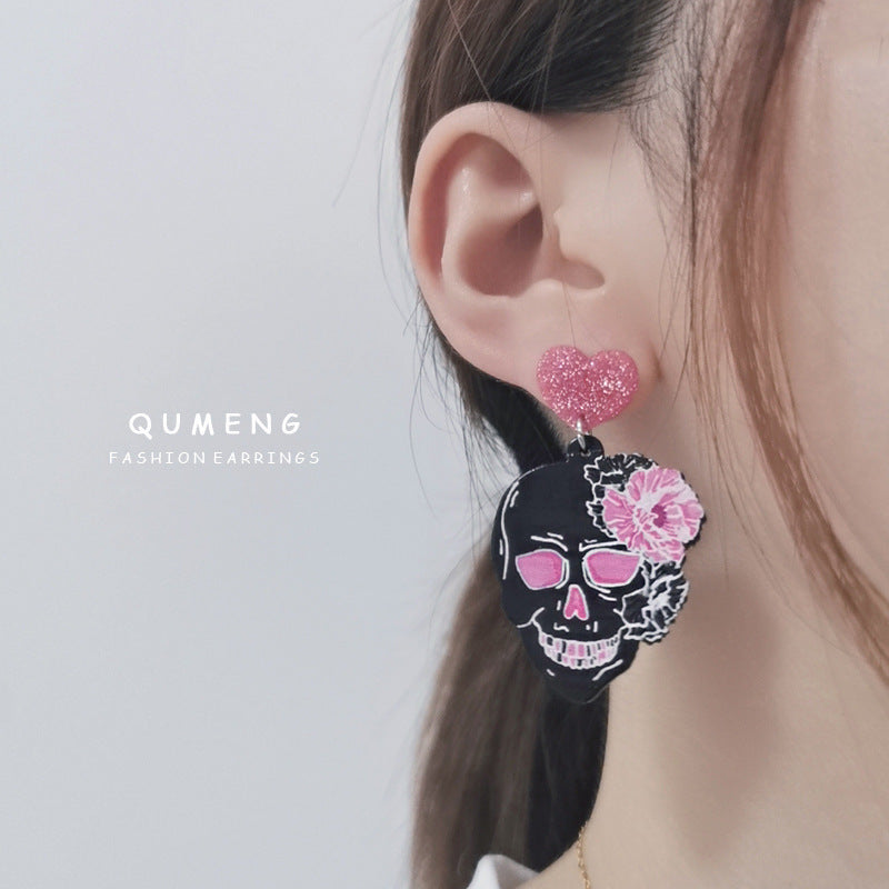 Acrylic pink love skull earrings (Minimo de compra 2) MIC-QinM007