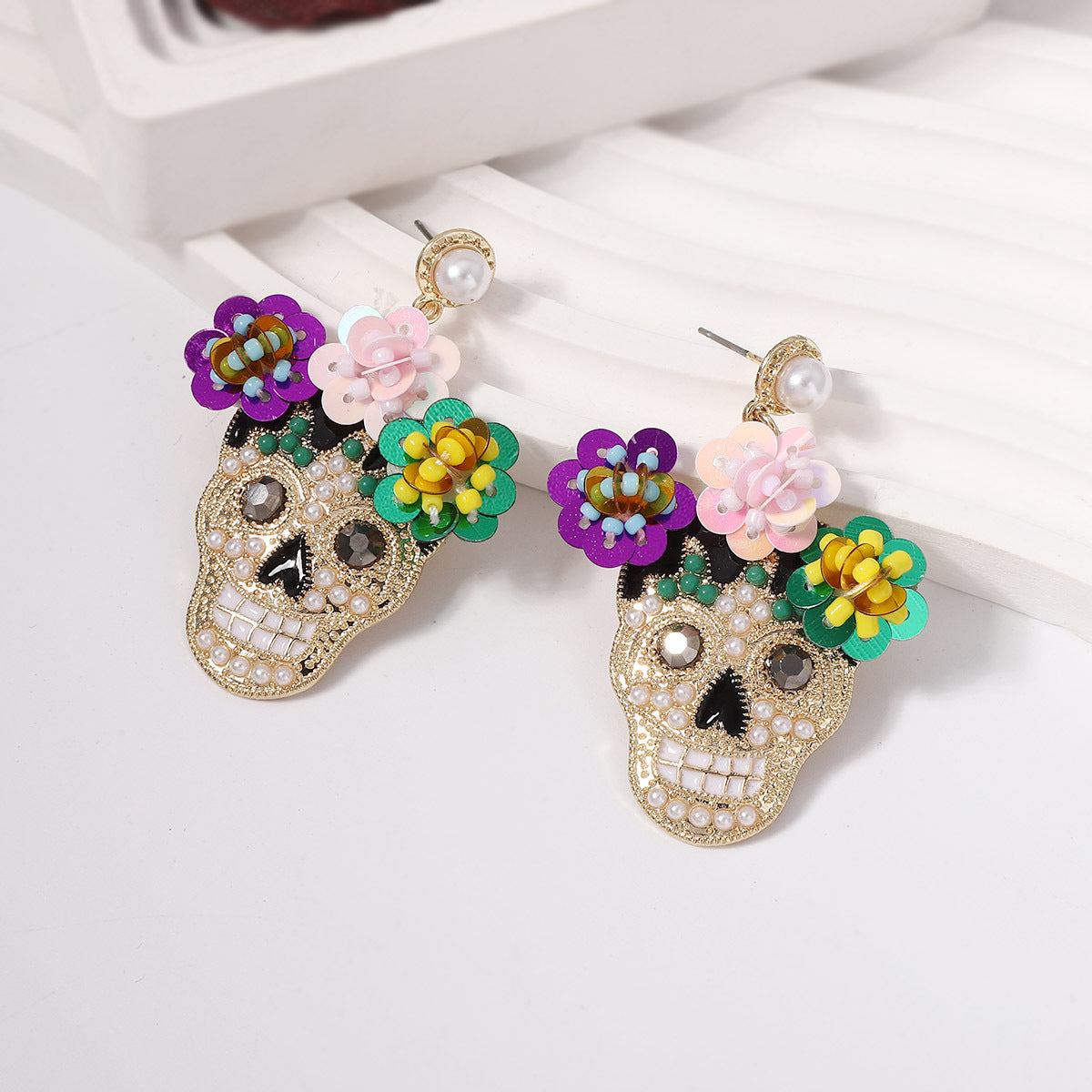 Alloy shiny floral skull earrings MIC-YueL026