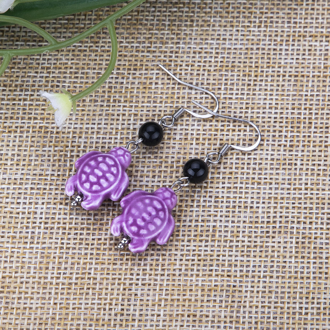 Earrings Black Onyx Ceramic Animal Turtle Stainless Steel YinW001