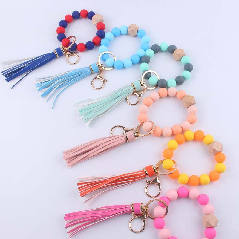 Keychains Silicone Beads Octagon Leather Tassel Wristlet MIC-YWGT003