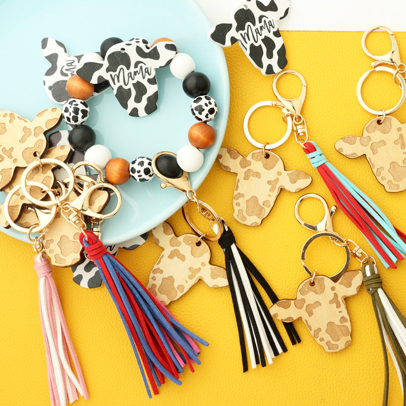 Keychains Bull Head Tassel Pendant Western Cowboy Cow Wooden Beads Bracelet MIC-NuoYi022