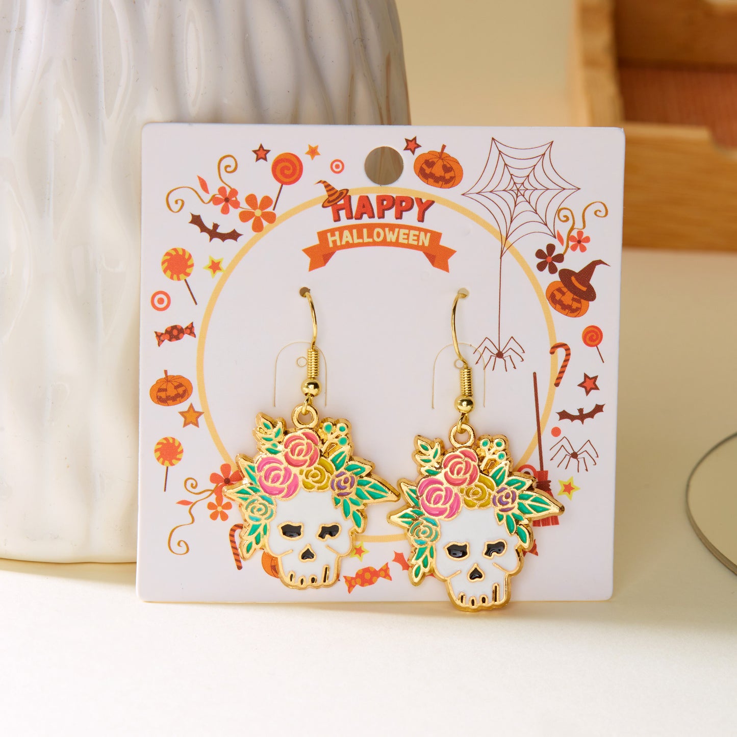 Alloy Halloween Oil Flower Skull Earrings MYA-ChuY014