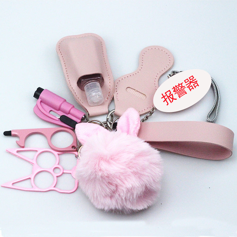 7pcs PU Leather Rabbit Ears Fur Ball Keychain Set MOQ≥2 ChaoH011