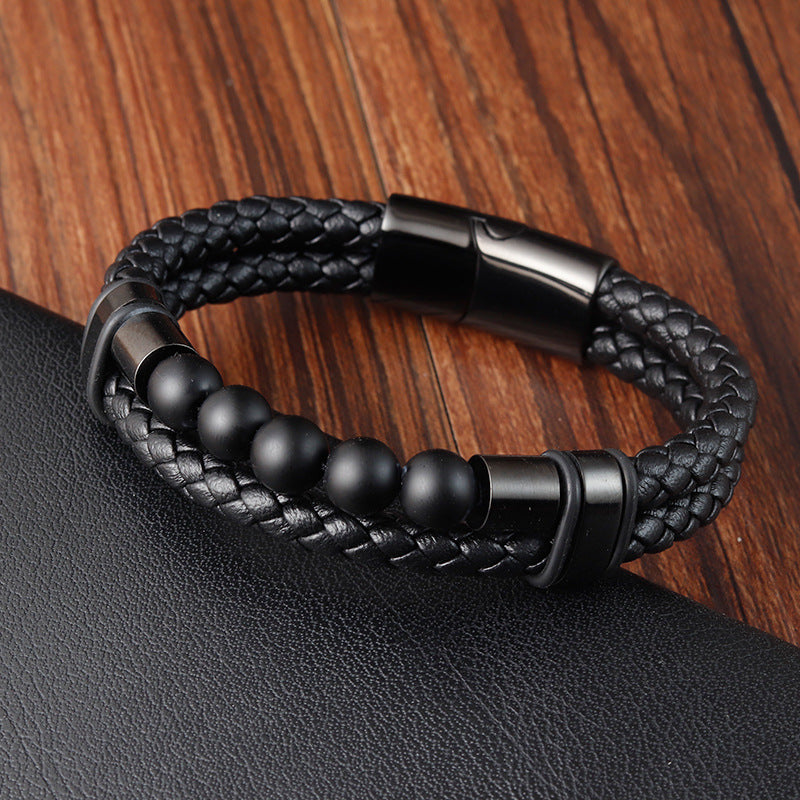 Bracelet Stainless Steel Leather Woven Natural Stone OuSD012