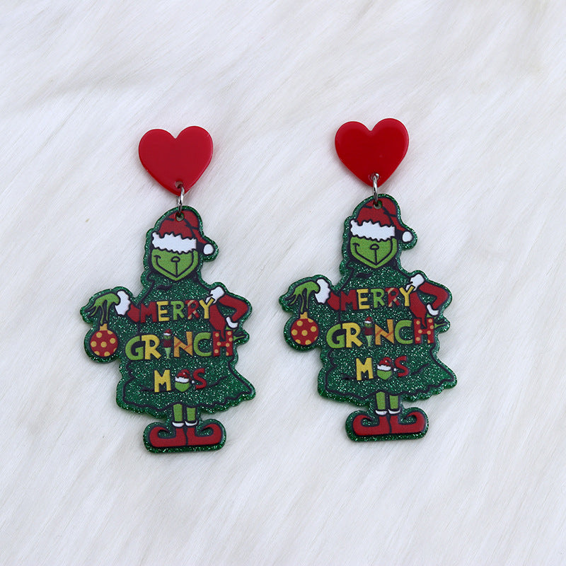 Acrylic Christmas Hat Green Hair Earrings MIC-DuA079