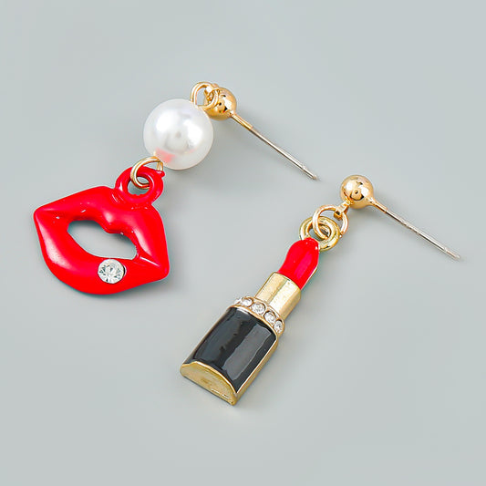 Alloy diamond inlaid flame red lip lipstick earrings MIC-JiuL003