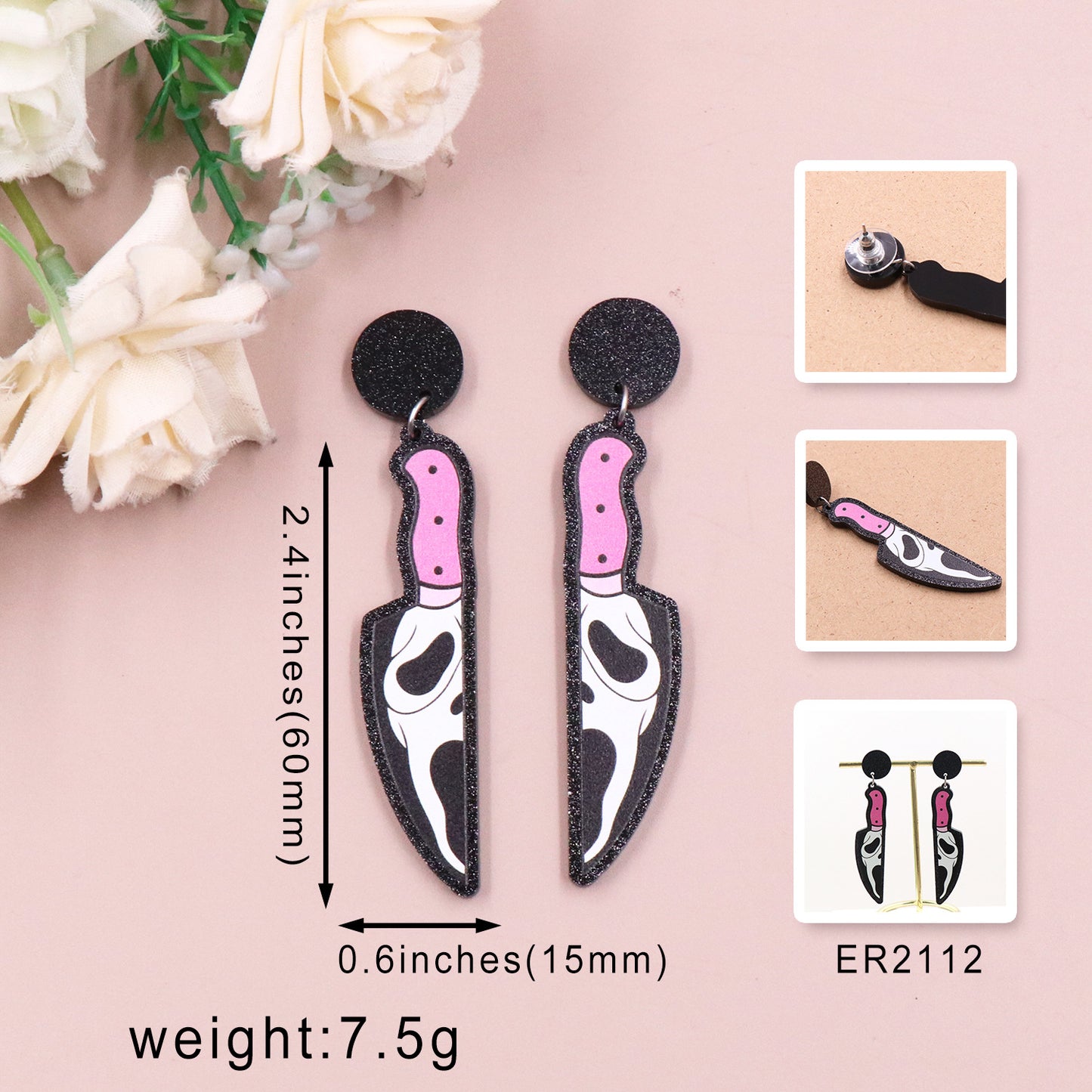 Acrylic Halloween Knife Ghost Skull Earrings (Minimo de compra 5) MIC-XiaoY046