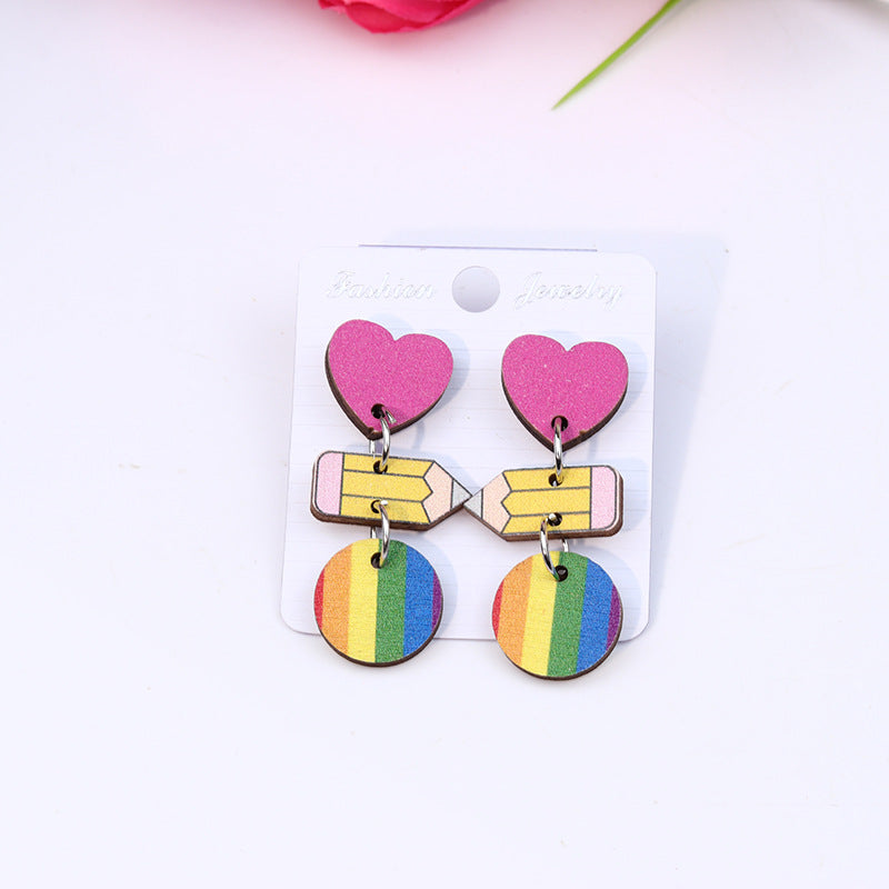 Teacher's Day Pen Stripe Heart Wood Ear Studs