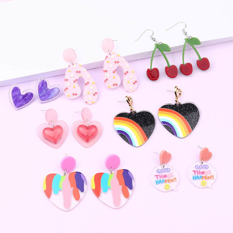 Acrylic heart-shaped cherry rainbow earrings MIC-DuA093