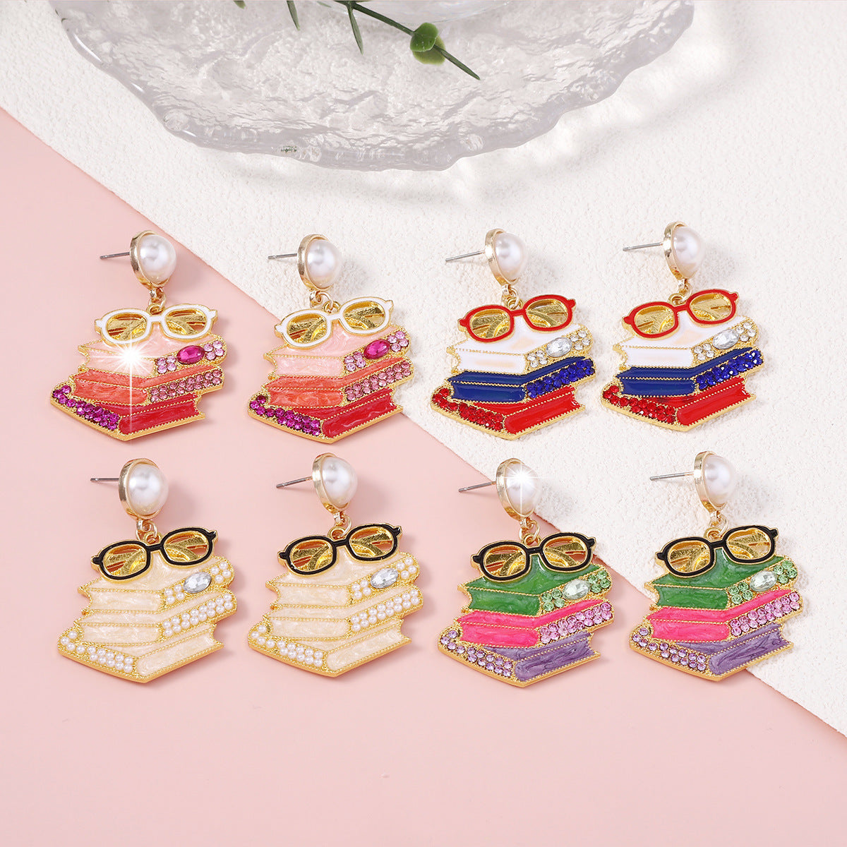 Alloy diamond studded book glasses and earrings (Minimo de compra 5) MIC-MiX008