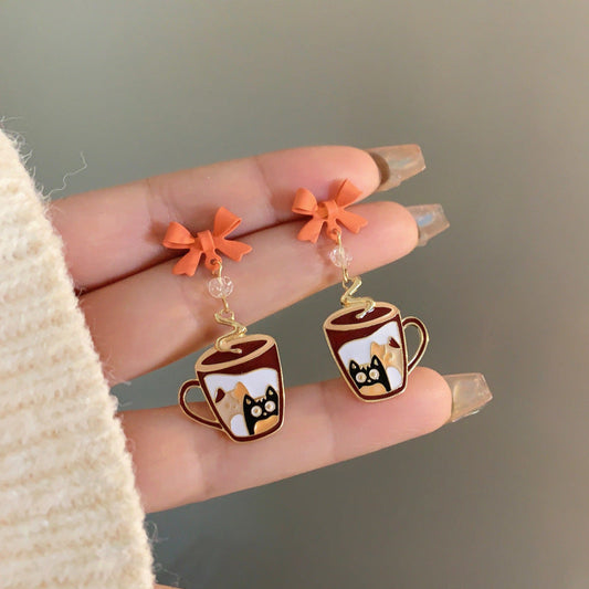 S925 silver needle creative cute cartoon teacup small animal earrings MIC-BaoY053