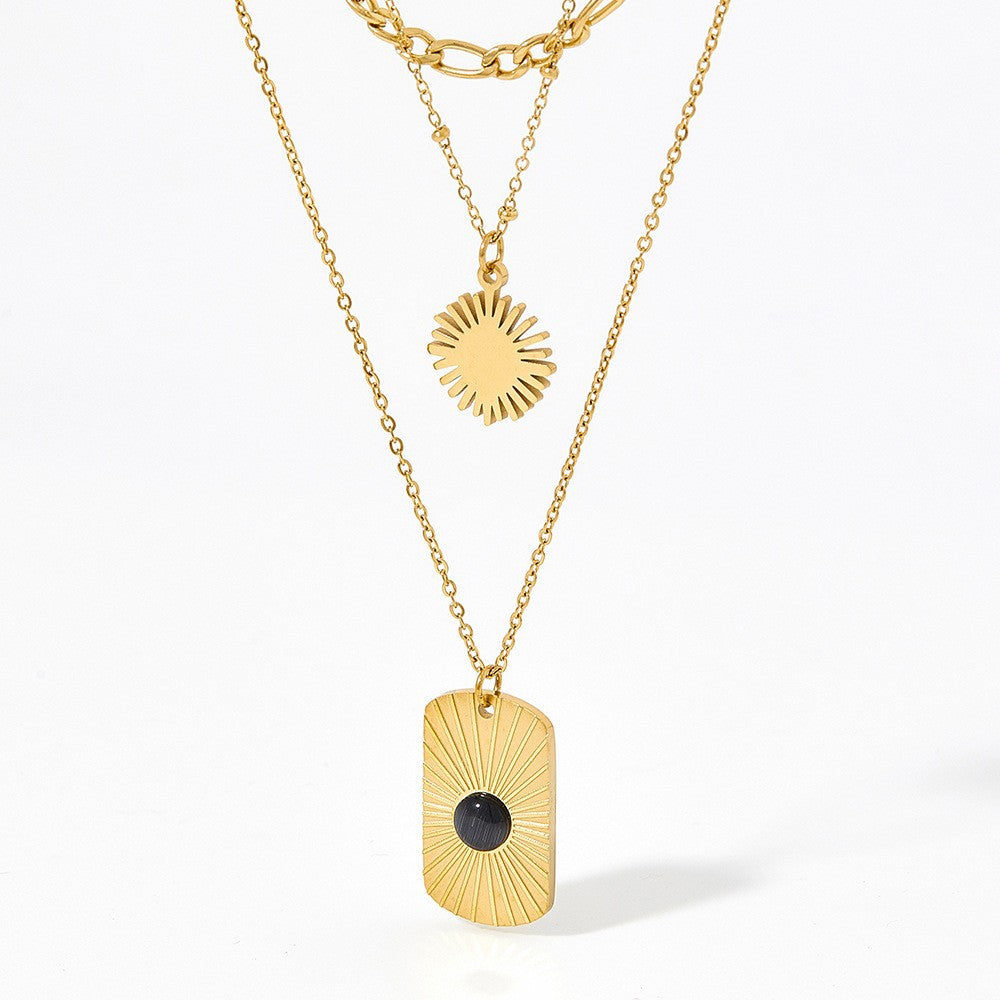 Black Onyx Square Plaque Radiant Texture Stainless Steel Gold Plated Necklace