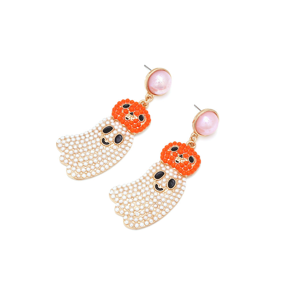 Alloy inlaid imitation pearl pumpkin ghost earrings MIC-ManY048