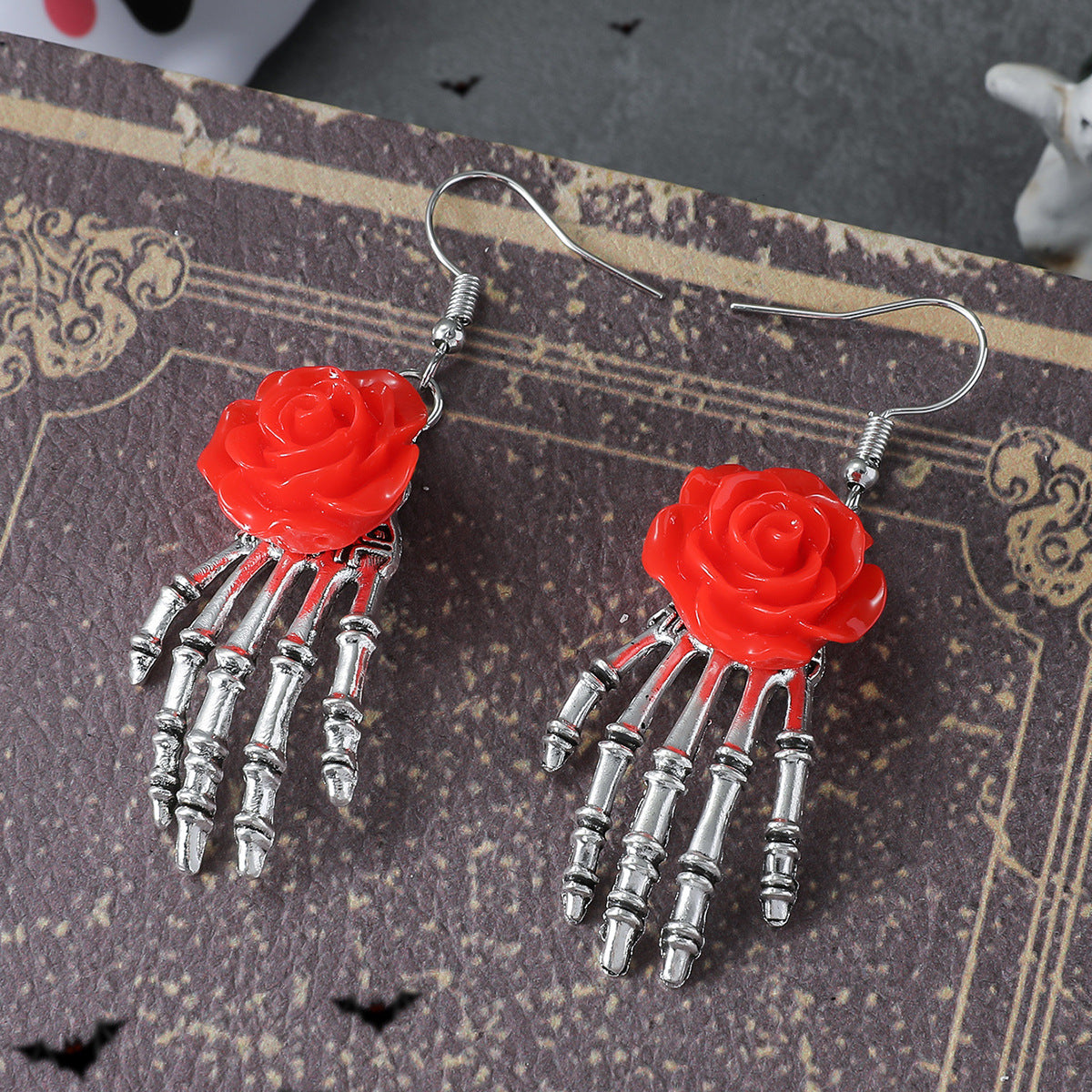 Alloy Skeleton Hand Red Rose Earrings MIC-JunJ010