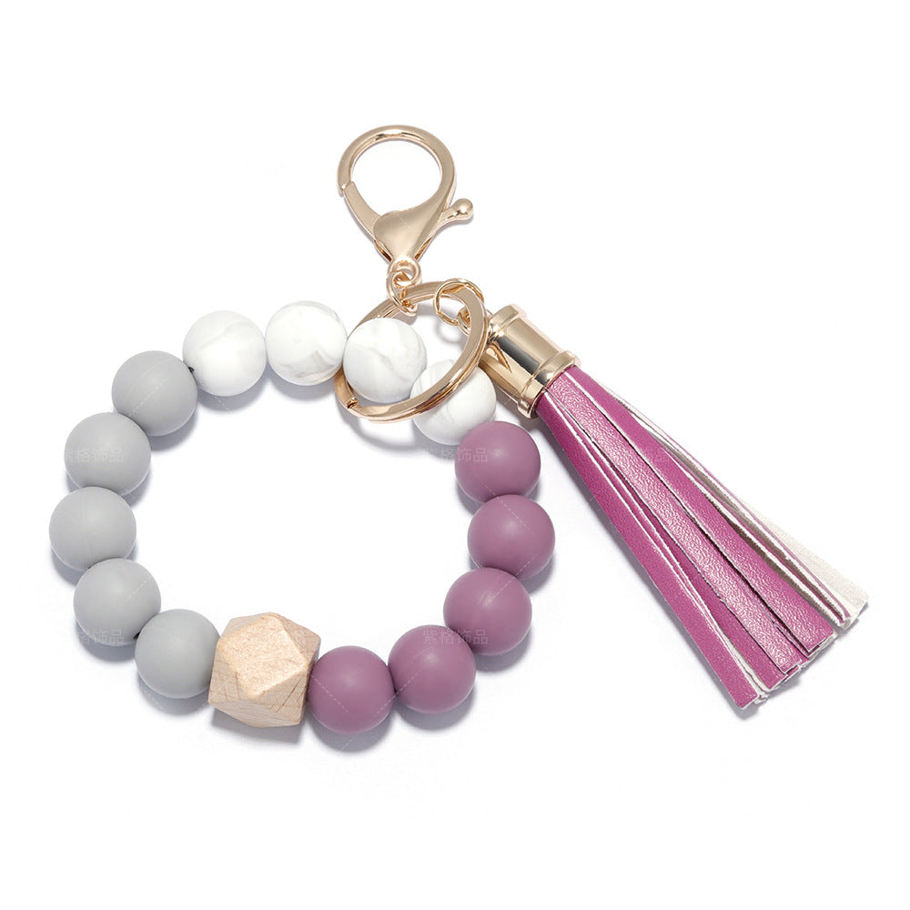 Silicone Beaded PU Leather Tassel Wristlet Keychain MIC-ZiGe001