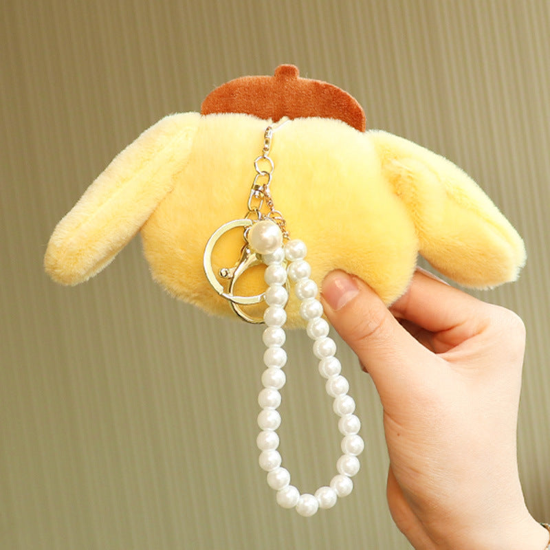 Cartoon Plush Doll Pendant Pearl Lanyard Keychain (M) Huofan004