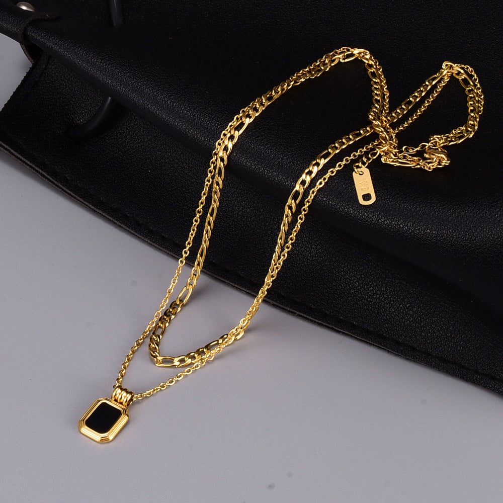 Gold Plated Black Square Double Layer Stacking Necklace in Titanium Steel MYA-YiS006