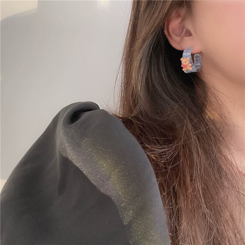 Alloy blue checkered teddy bear earrings MIC-BeiL034