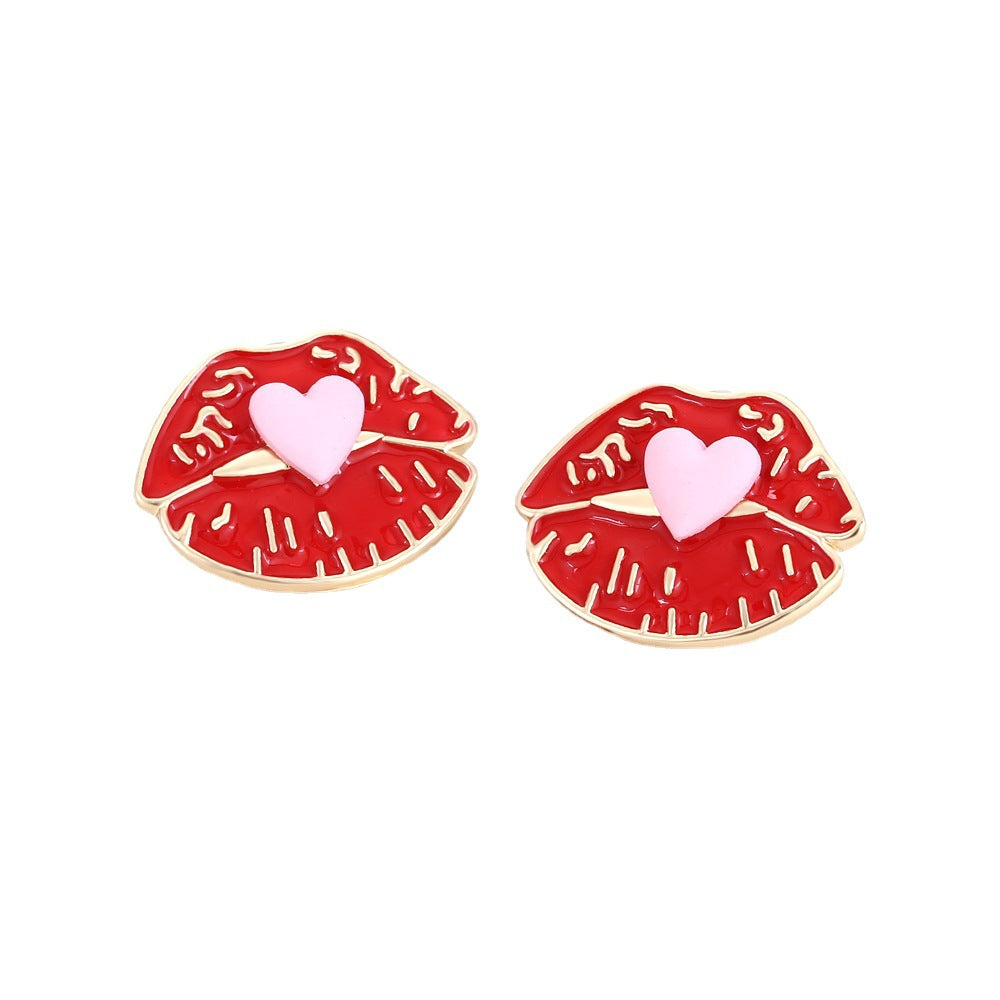 Alloy Heart Red Lip Earrings MIC-ManY023