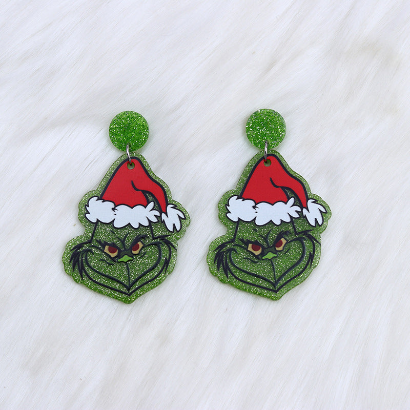 Acrylic Christmas Hat Green Hair Earrings MIC-DuA079