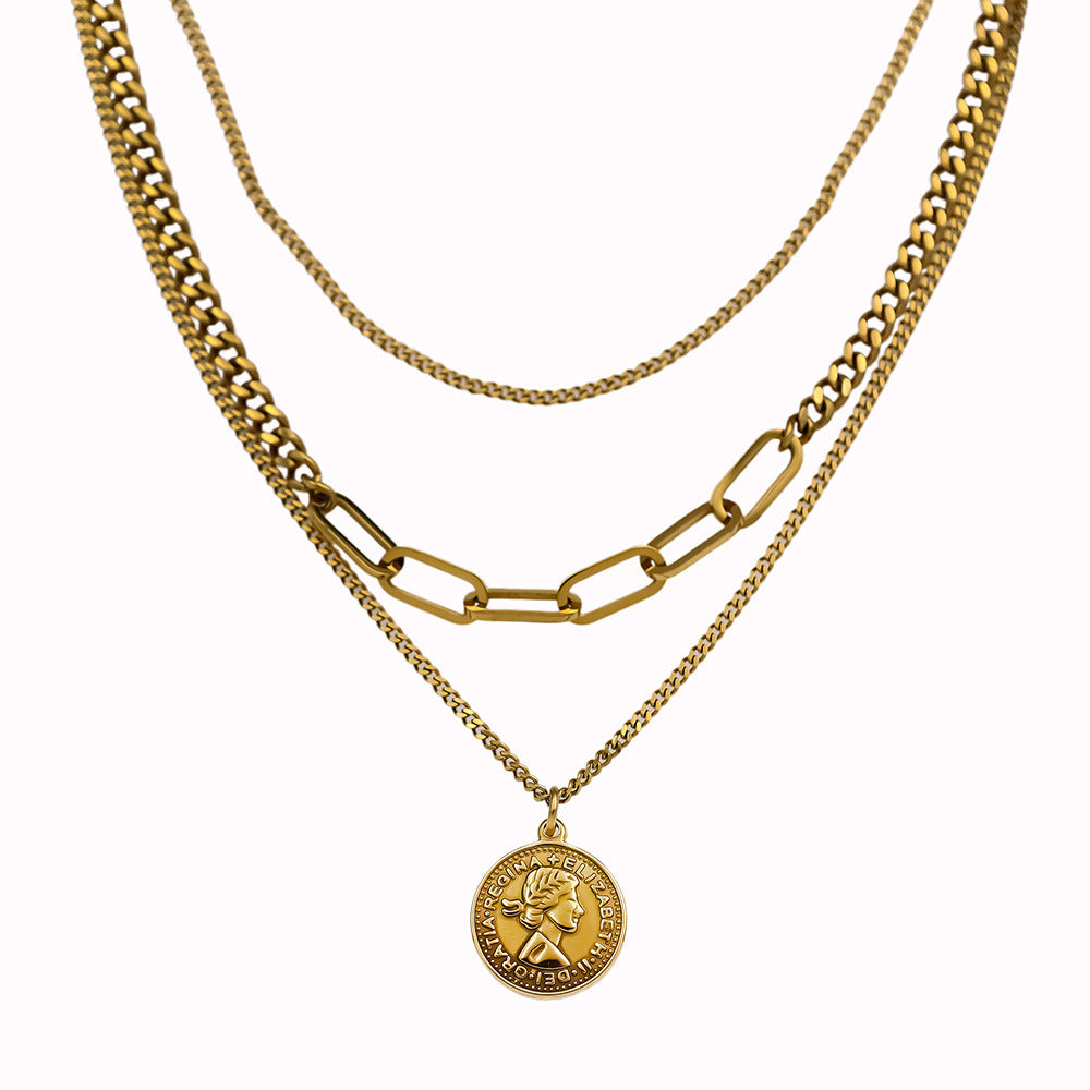 Stainless steel gold-plated three-layer double-sided portrait necklace MYA-XuanJ037