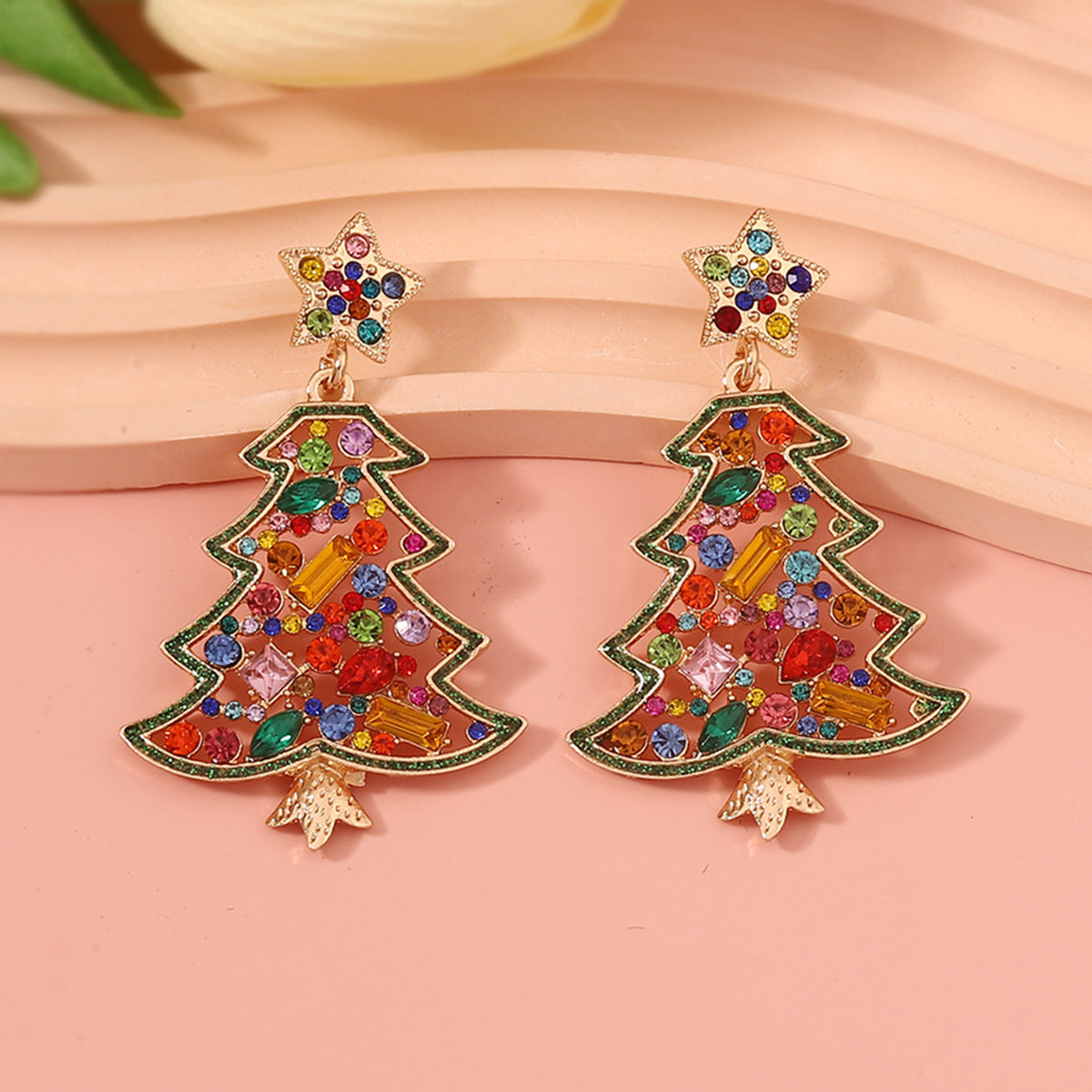 Alloy Christmas Tree with Colored Diamond Earrings MIC-YueL024