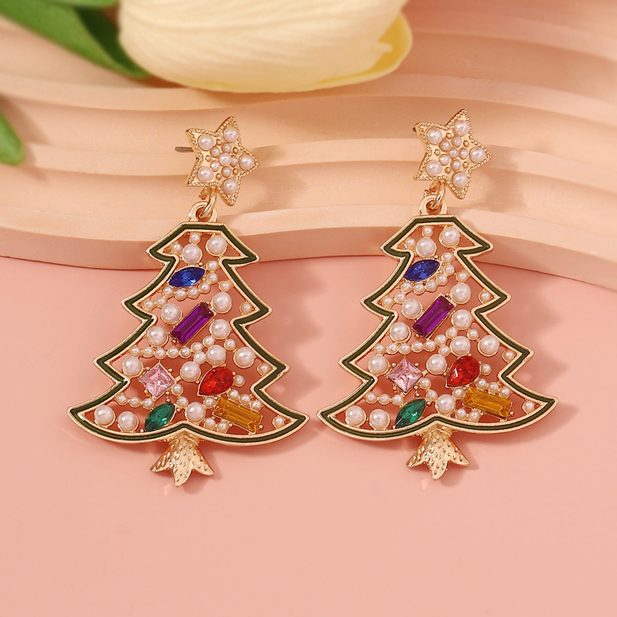 Alloy Christmas Tree with Colored Diamond Earrings MIC-YueL024