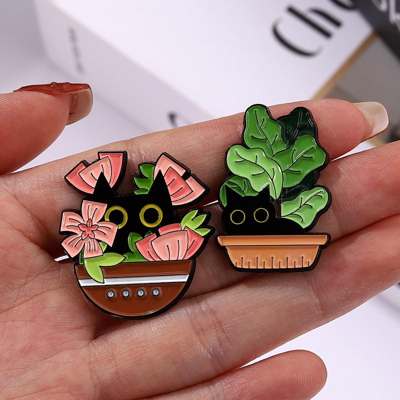 Alloy black cat green plant shaped brooch MIC-XuX019