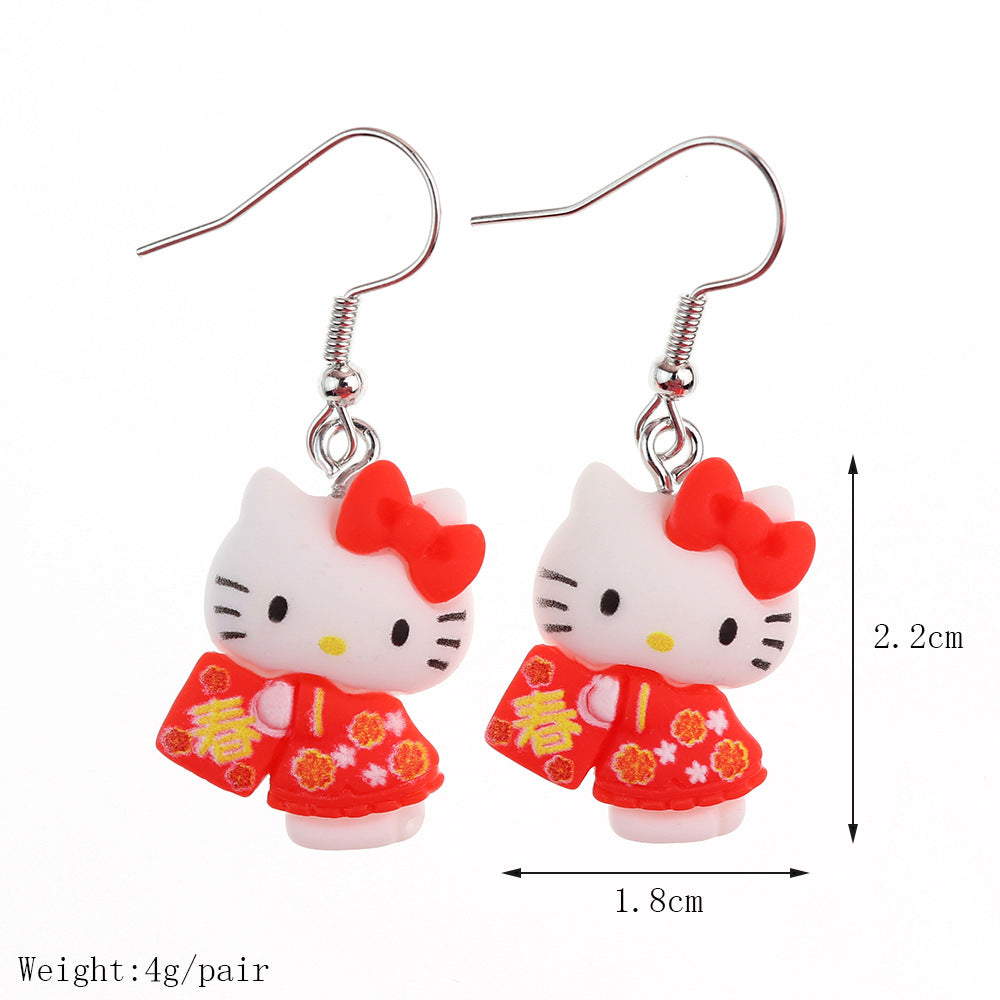 Earrings Plastic New Year Red Small Animal Cute Cartoon Meow Earrings niqing043