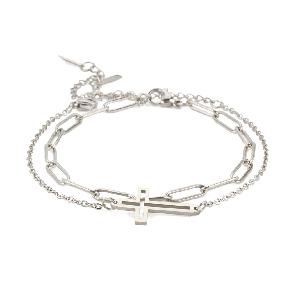 Bracelet Stainless Steel Double Layer Hollow Cross QiJu007