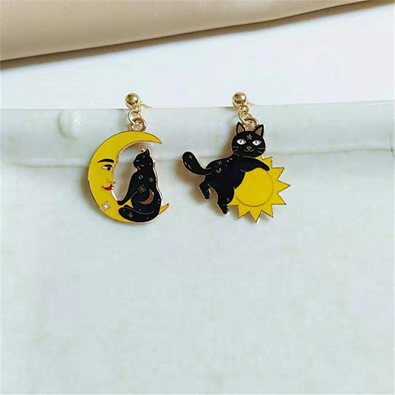 Alloy Asymmetric Cat Sun Moon Earrings MIC-AiM014