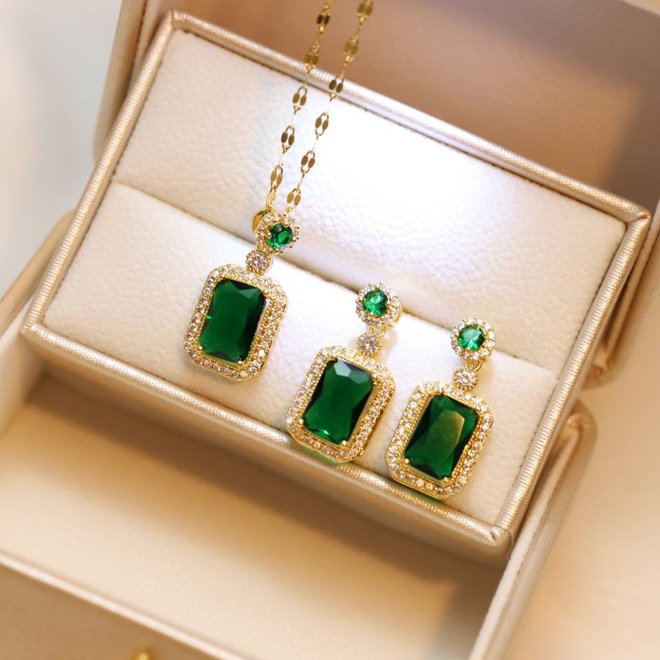 Necklace Stainless Steel Emerald Ring Earrings Set MingYuan006