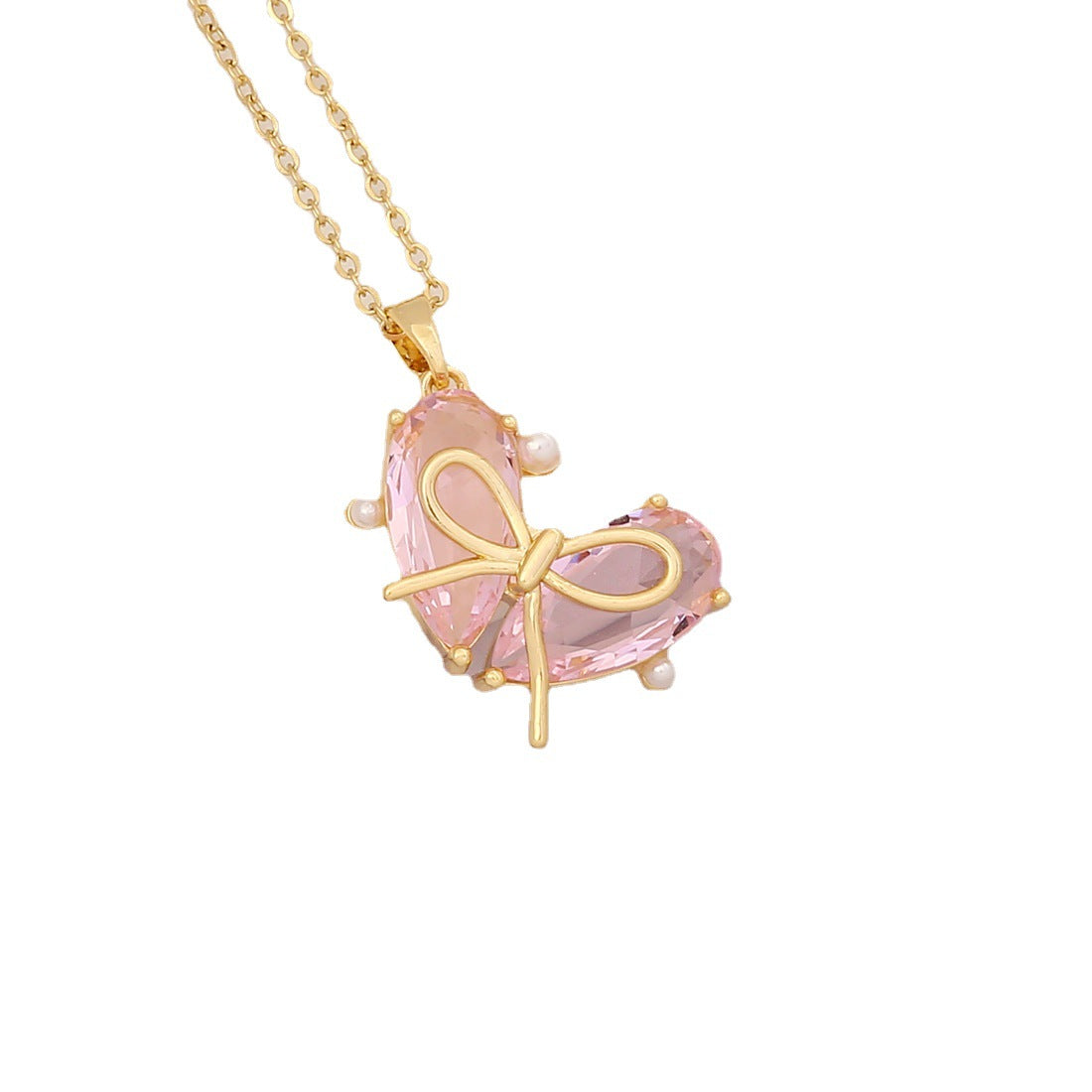 Necklaces Copper Zircon Stainless Steel Pink Butterfly Heart BingM024