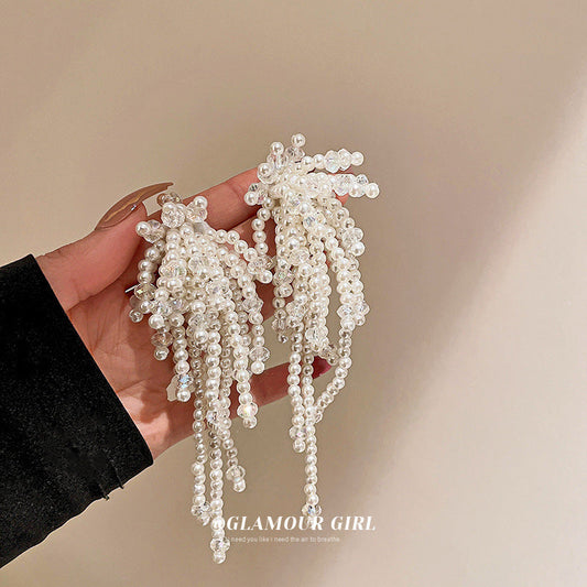 Silver Post Crystal Pearl Flower Tassel Earrings MIC-BaoY053