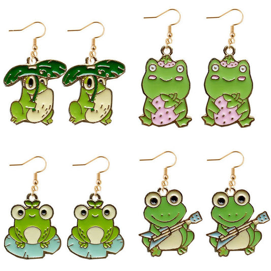 Alloy Dropping Oil Green Guitar Frog Earrings MIC-YiY005