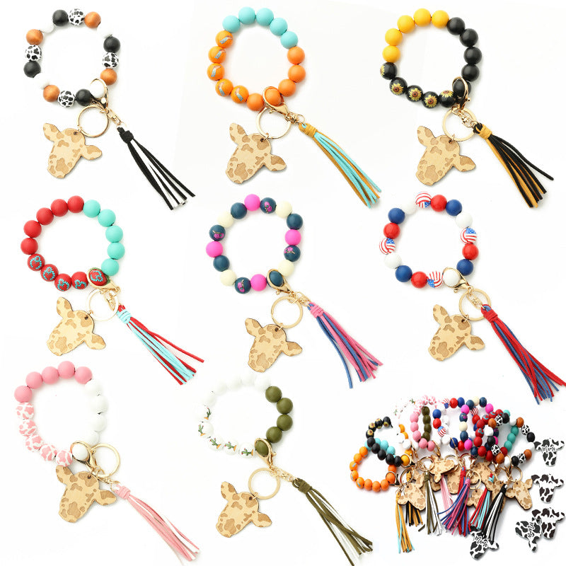 Keychains Bull Head Tassel Pendant Western Cowboy Cow Wooden Beads Bracelet MIC-NuoYi022