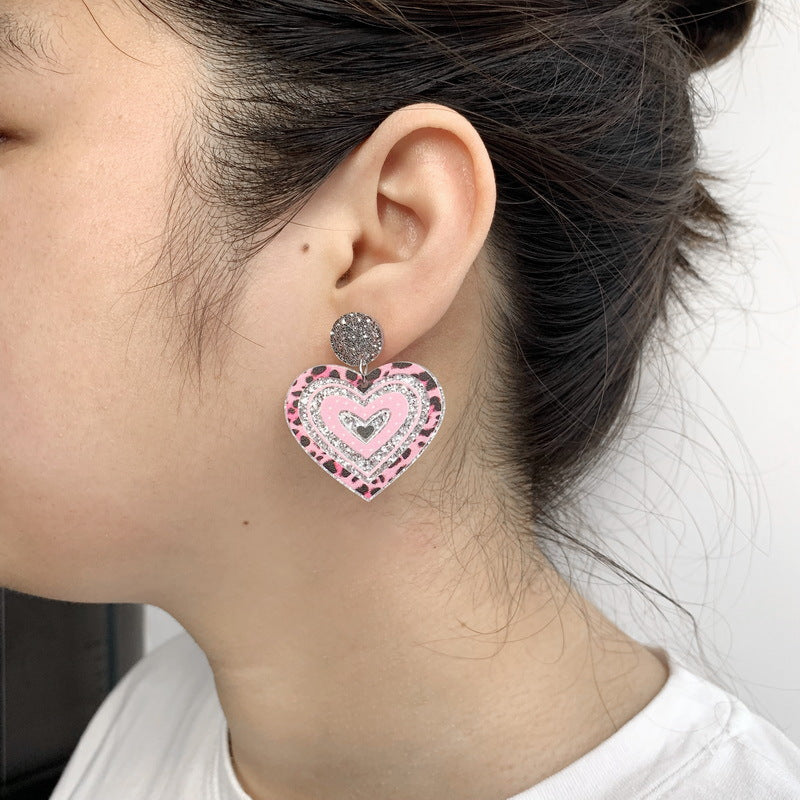 Acrylic Pink Leopard Pattern Sparkling Pink Earrings MIC-XueP142