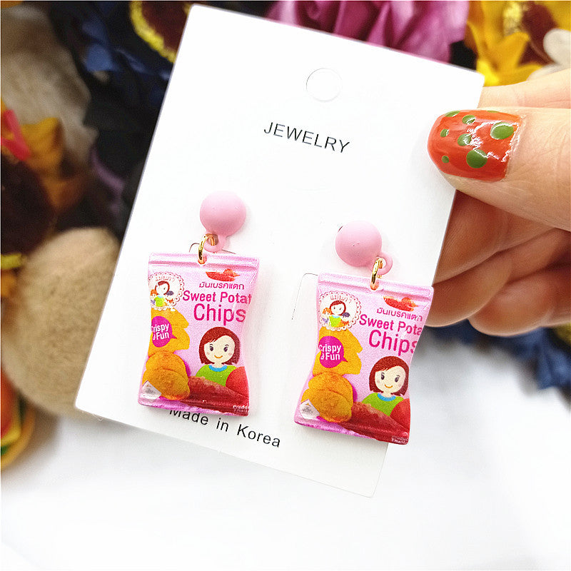 Potato Chips Puffed Potato Chips Simulation 925 Silver Earrings XingJ002